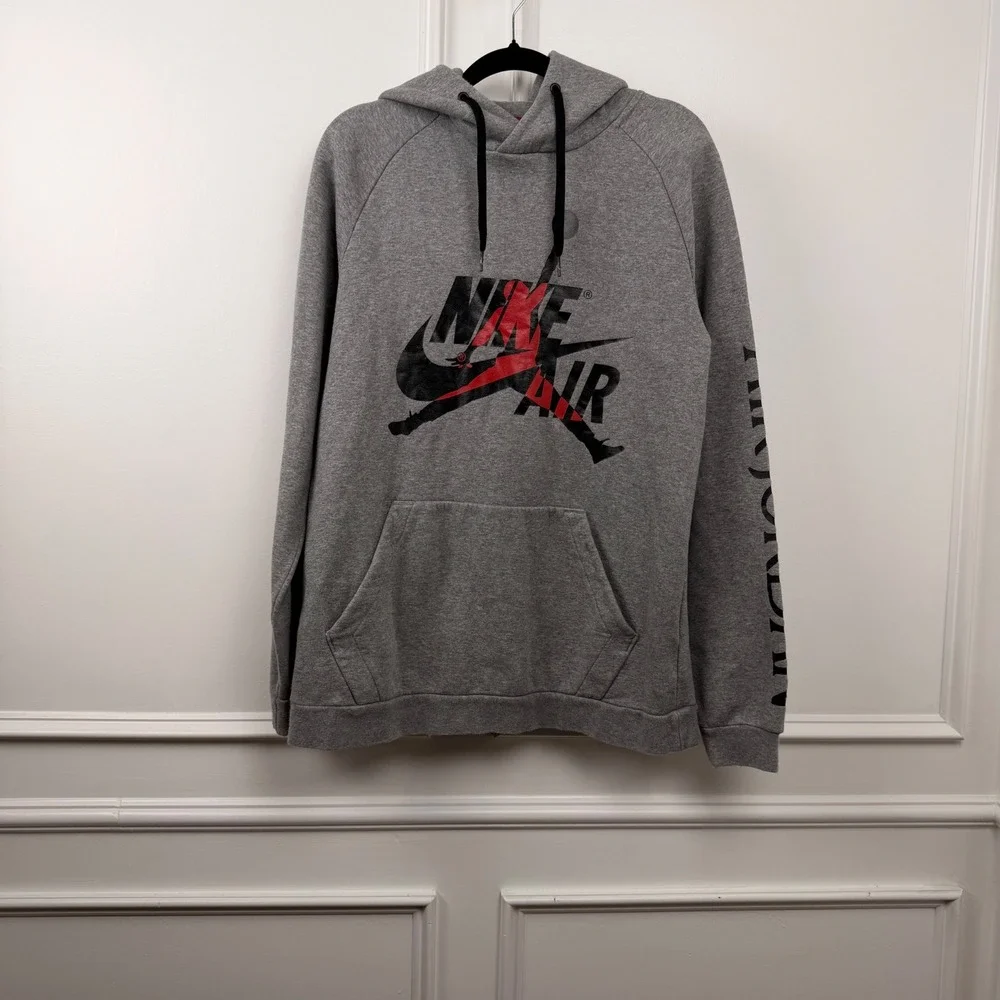 Jordan Jumpman Nike‎ Air Pullover Hoodie Mens Medium Gray Red Graphic Fleece